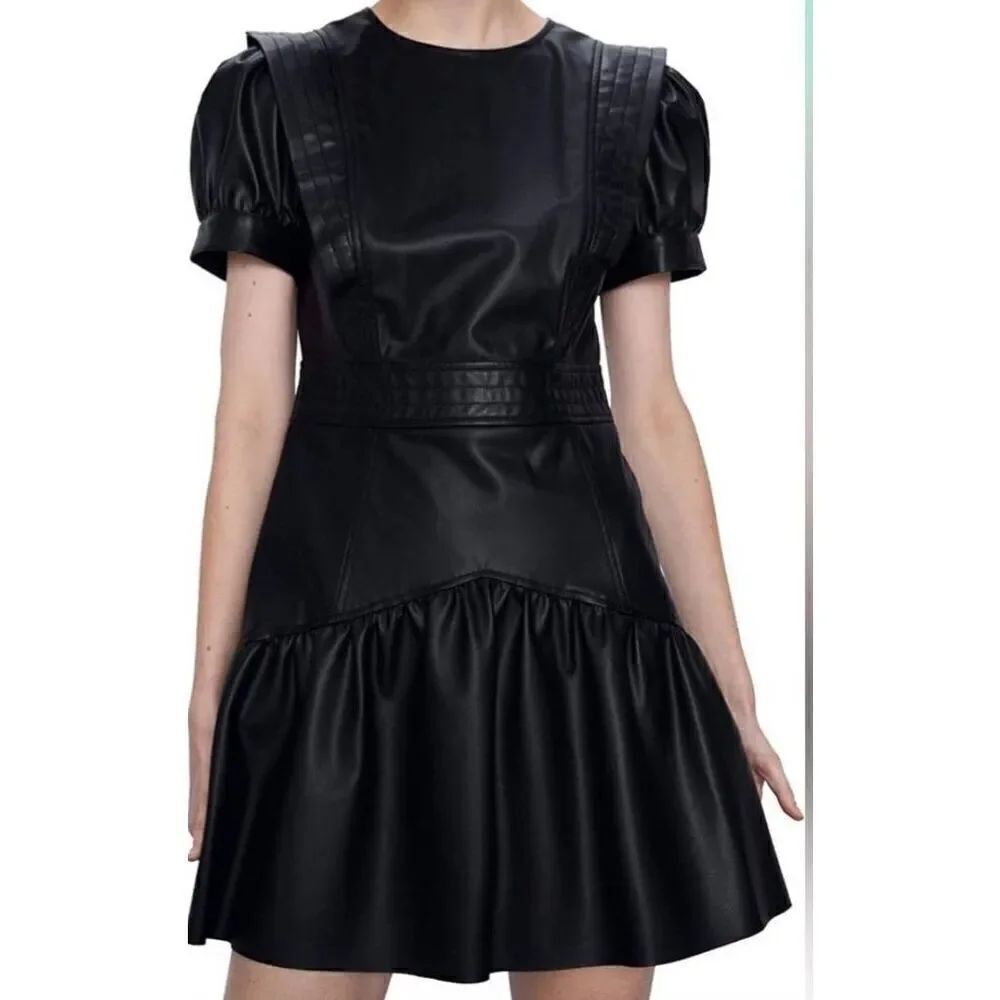 NWT Zara MEDIUM Vegan Leather Puff Shoulder Ruffle Dress